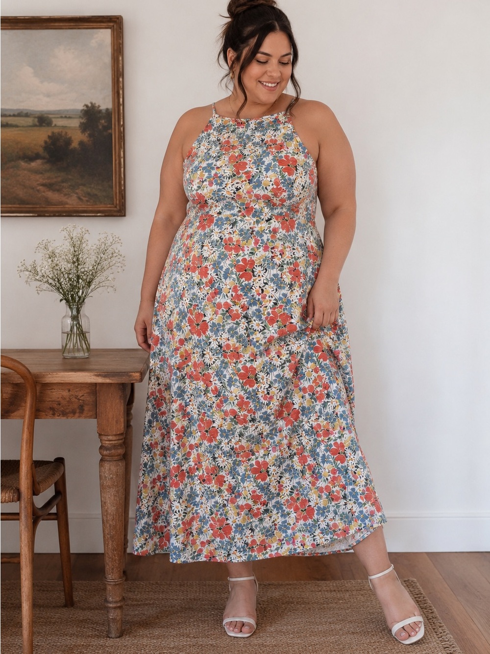 Floral Cotton Midi Dress XL Sleeveless Cottagecore Summer Chaps Flowy Summer